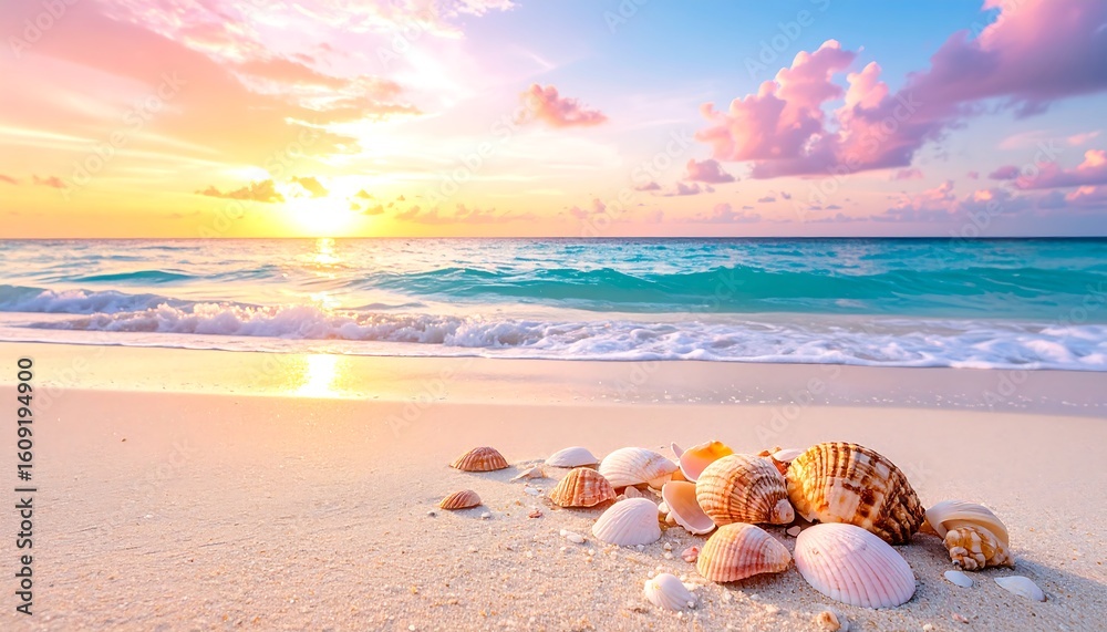Obraz premium Coastal sunrise serenity with seashells adorning the pristine sandy beach vista