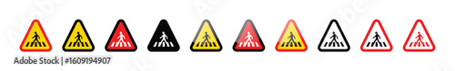 Collection of pedestrian crossing signs in various colors on a white background