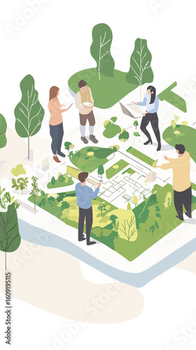 Urban planners collaborating on green space design with aerial maps models landscape architecture teamwork concepts vector illustration flat style