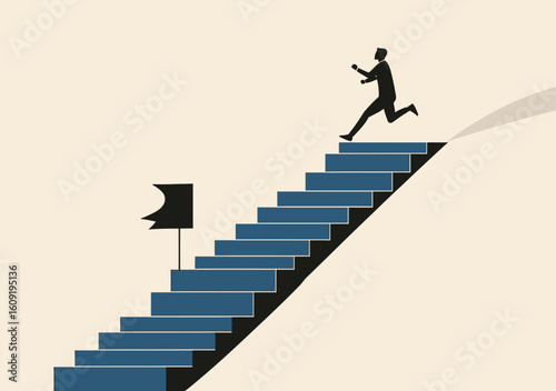 Businessman running up blue stairs toward target flag symbolizing career progress ambition success goal achievement and professional growth concept in flat minimalist style vector