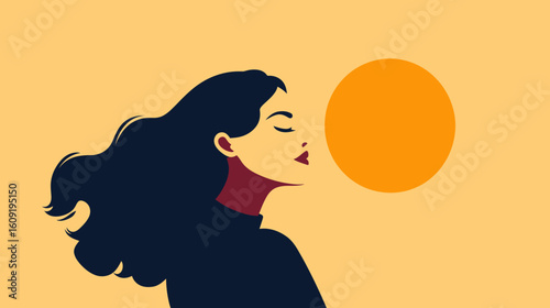 Profile of serene woman with flowing black hair and dark turtleneck facing abstract orange sun on warm beige background minimal flat vector illustration