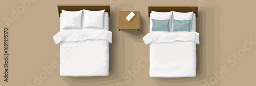 Top view of two double beds with white sheets and pillows separated by wooden nightstand with book minimalist bedroom interior flat vector illustration