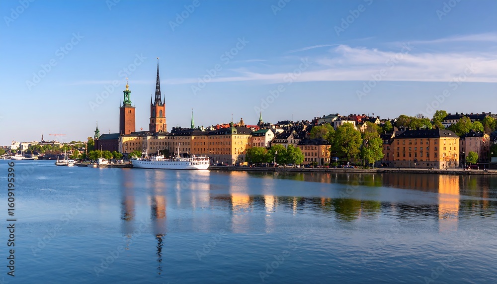 Obraz premium Stockholm cityscape reflected in calm waters. Panoramic view of historic buildings, churches, and a river. Calm, sunny day. Early morning or late afternoon light. Reflections are clear