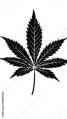 Black and white minimalist vector illustration of a single detailed cannabis marijuana leaf with serrated edges and visible vein structure on white background