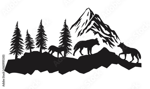 Silhouette of three wolves walking on rocky mountain terrain with pine trees in flat minimalist black and white vector style