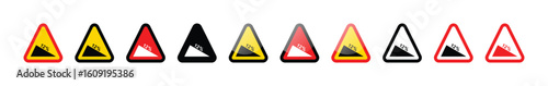 Collection of triangular warning signs indicating a steep descent ahead