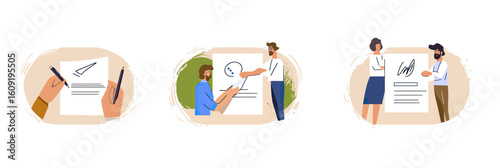 Business people signing legal documents and digital contracts using stylus and pen in flat minimalist vector style for electronic agreement concept illustration