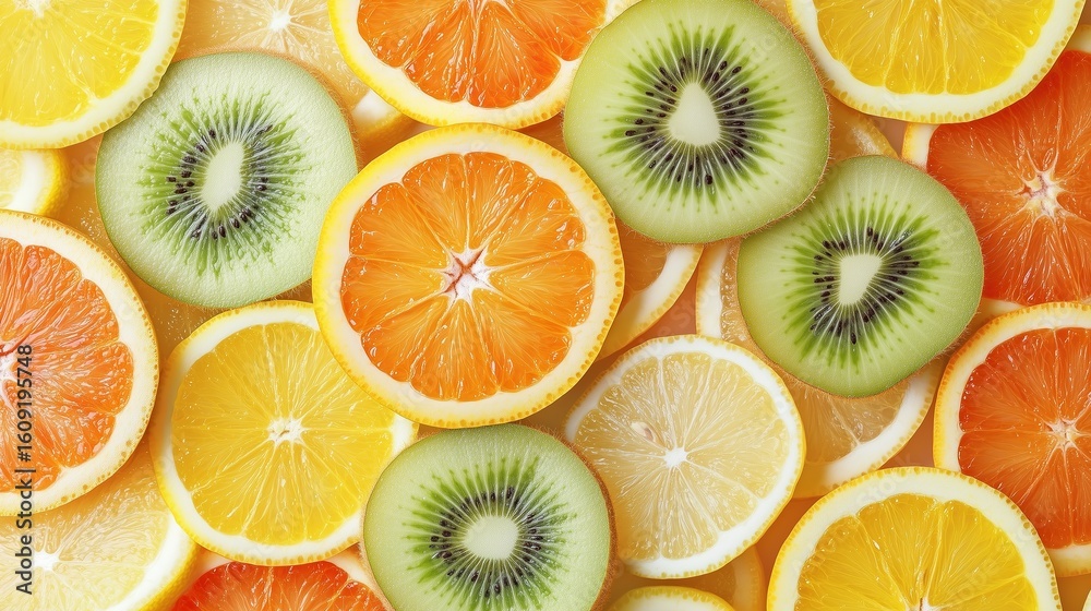 Obraz premium Colorful Fresh Fruit Slices Combination, for Healthy Diet Promotion, Light Food Aesthetics Design, Nutrition Popularization Material