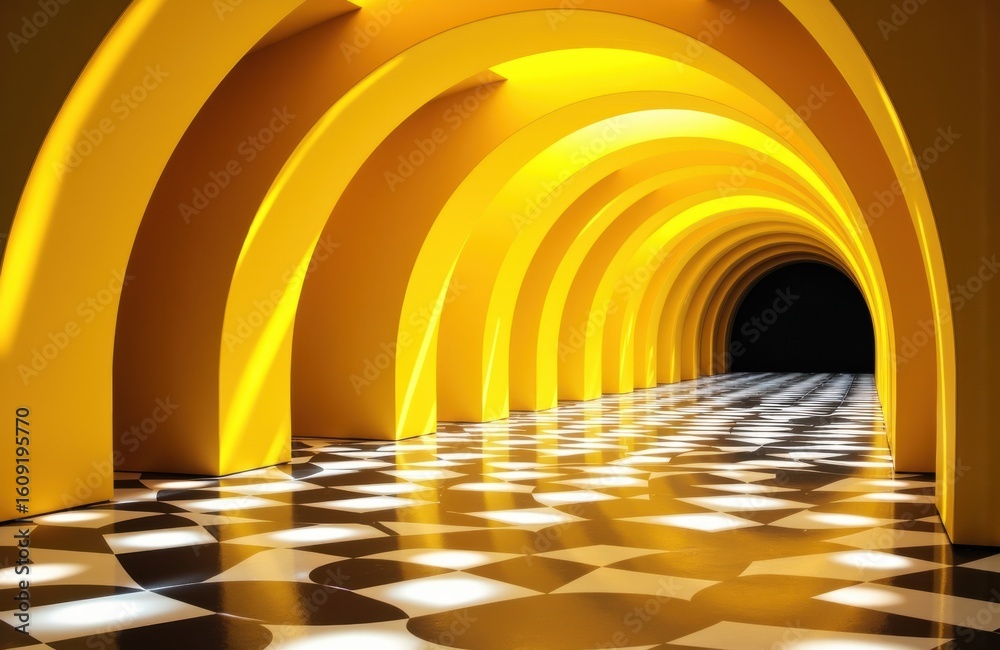 Obraz premium Bright yellow tunnel with curved arches and checkered floor creating a sense of depth and movement
