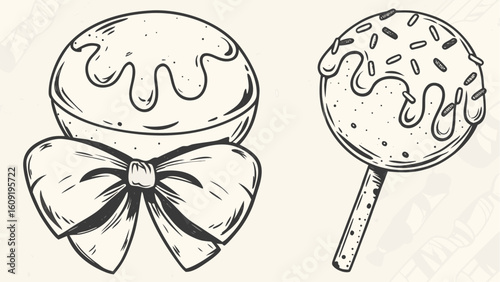 Outlined cupcake with bow and lollipop with sprinkles in black and white illustration style