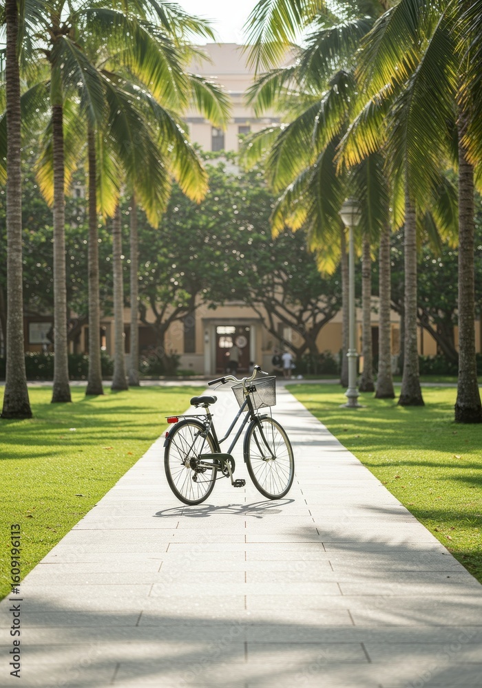 Fototapeta premium Vintage bicycle rests on a sunlit pathway lined with palm trees.