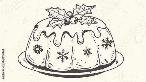 A christmas pudding with icing and holly leaves and berries on a plate with snowflake decorations