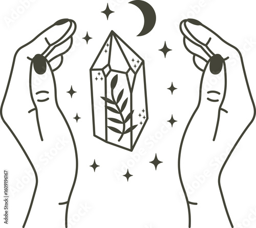 Two hands are holding a magic crystal with a plant inside, surrounded by stars and a crescent moon, representing witchcraft and esoteric practices