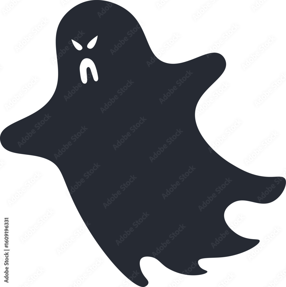 Spooky dark ghost floating with angry expression, white eyes and mouth open against a clean white background, perfect for Halloween projects Spooky dark ghost floating with angry expression, white eyes and mouth open against a clean white background, perfect for Halloween projects