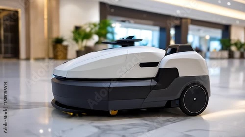 Autonomous Cleaning Robot Navigating Modern Hotel Lobby, Futuristic Technology