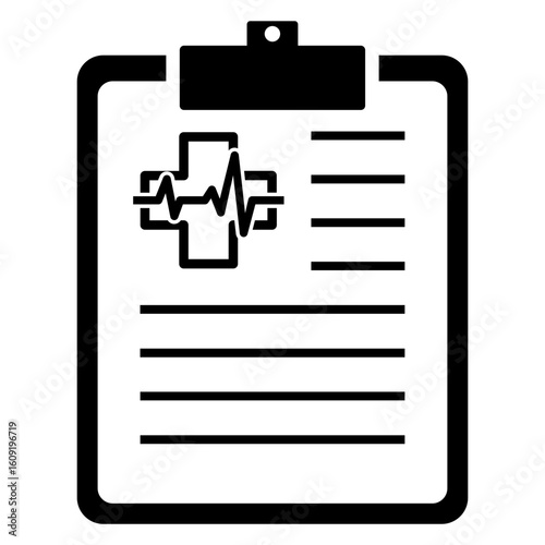Logo medical. Icono clipboard con cruz y ritmo cardiaco