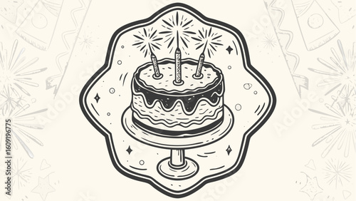 Illustration of a birthday cake with candles on a stand inside a decorative frame with background elements