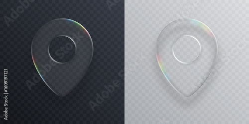 Two modern location icons, liquid glass GPS symbols, smooth and transparent, on light and dark background. Vector 3d illustration.
