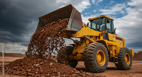 Vibrant Yellow Wheel Loader Unloads Soil under Stormy Sky Heavy Machinery in Earthmoving Operations