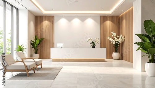 Modern minimalist lobby with reception desk