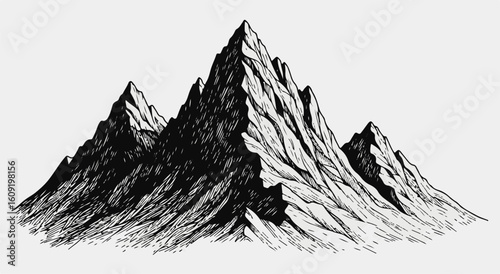 Vintage style black and white drawing of steep mountain range peaks isolated.