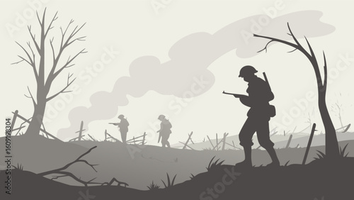 Silhouette depiction of soldiers advancing through a desolate battlefield with smoke and barren trees