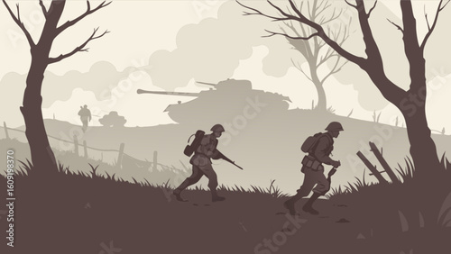Silhouette of soldiers running in a war zone with a tank in the background under a hazy sky scene