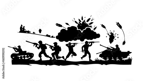 Silhouette illustration depicting soldiers in combat with tanks and explosions in a war scene