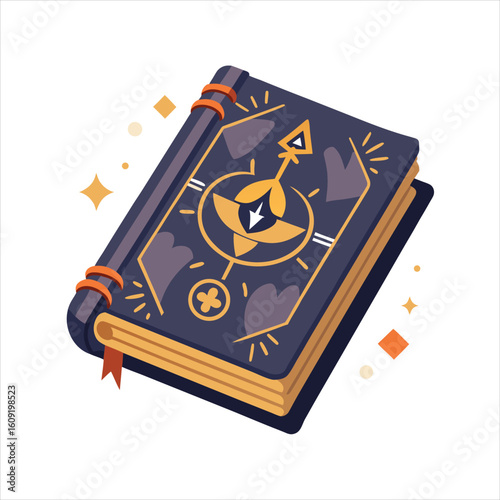 Closed ornate book with a mystical compass symbol on its cover, surrounded by sparkling magical elements