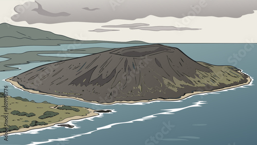 Illustration of a volcanic island with a crater surrounded by water and cloudy sky in the background
