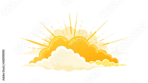 Illustration of a cartoon sun shining brightly behind fluffy clouds in the sky during daytime hours