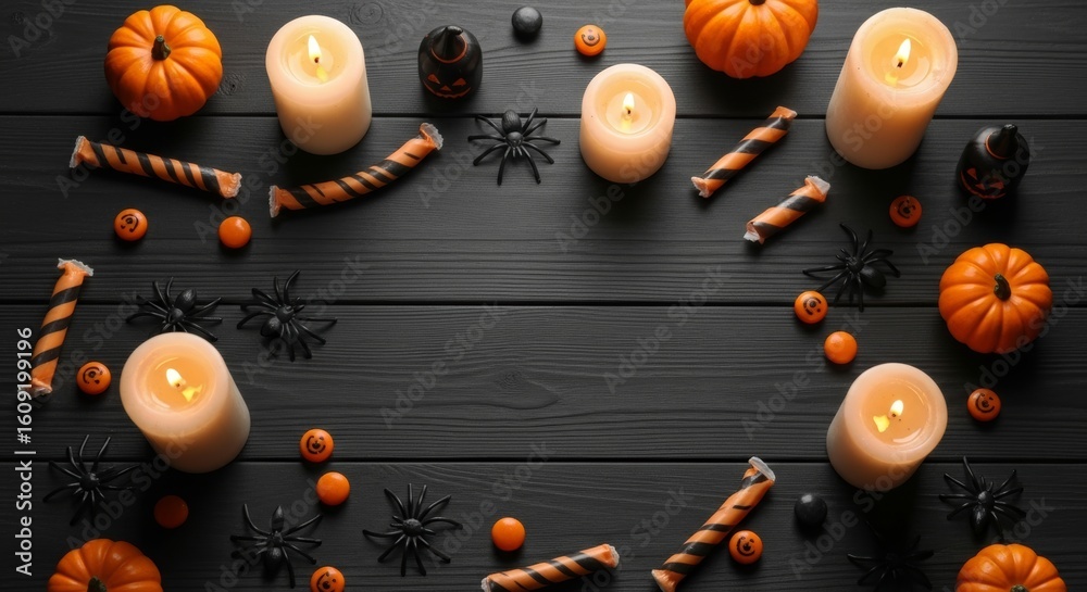Fototapeta premium Halloween themed flat lay border with orange pumpkins, glowing candles, black spiders, striped candy and decorations on dark wooden background. Perfect frame for seasonal content.