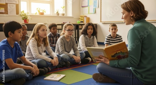 A female teacher sits on the floor, reading a book aloud to a diverse group of attentive elementary school children, creating an engaging and inclusive learning environment.