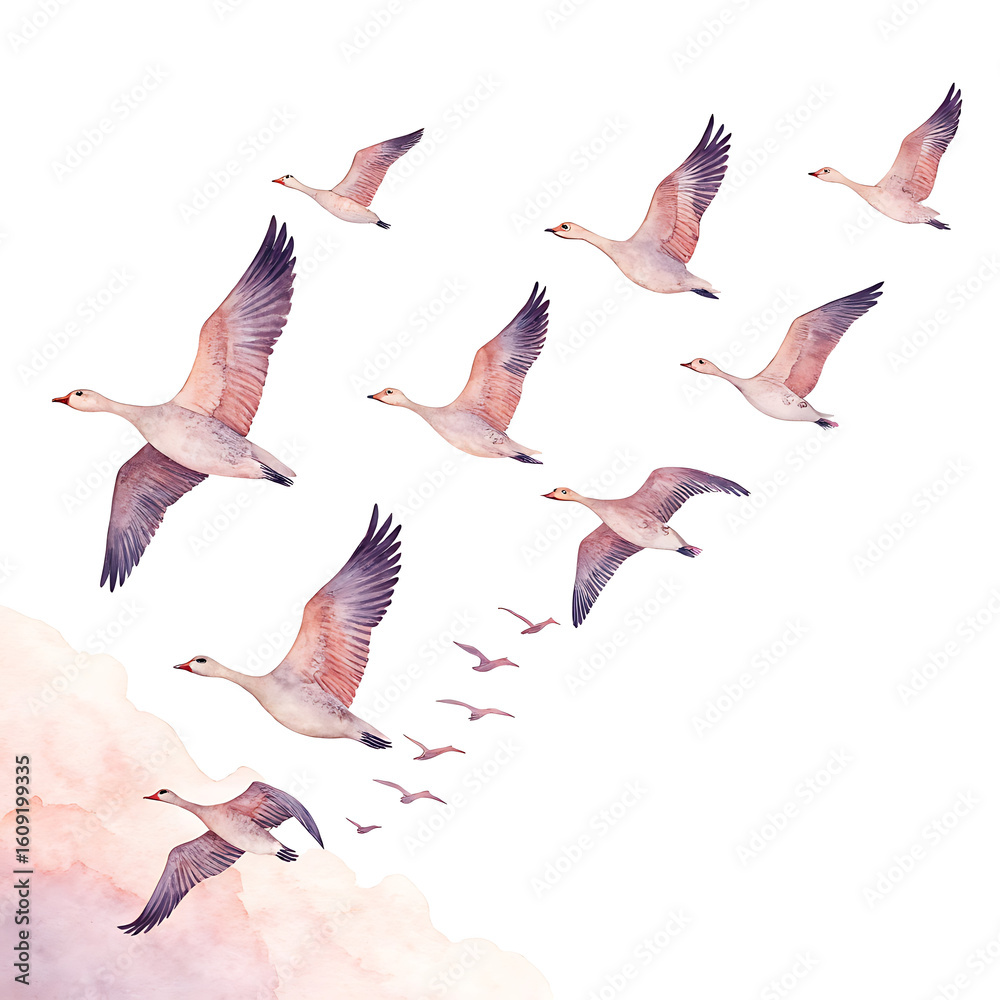 Obraz premium Flying Geese Clipart Happy Holiday in Autumn Sky - Watercolor V-Formation Illustration