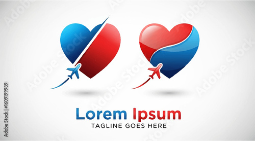Love traveling, logo with airplane and heart shape