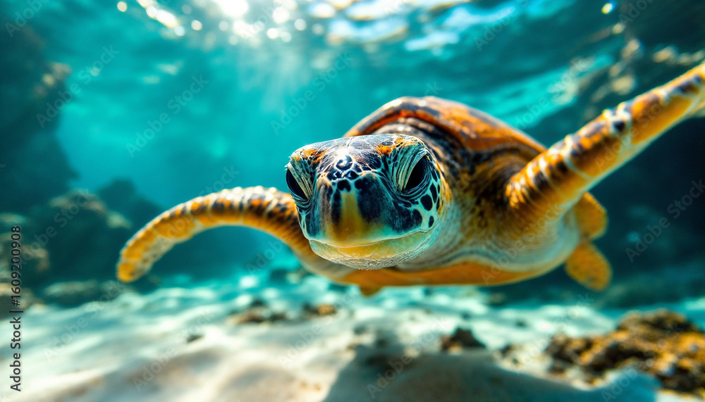 Obraz premium Close-up of sea turtle swimming underwater with sunlit turquoise water.
