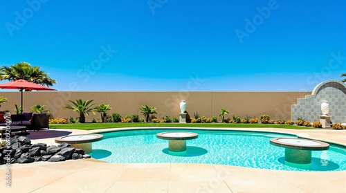 Luxurious backyard pool with fountains and vibrant landscaping under a clear blue sky.