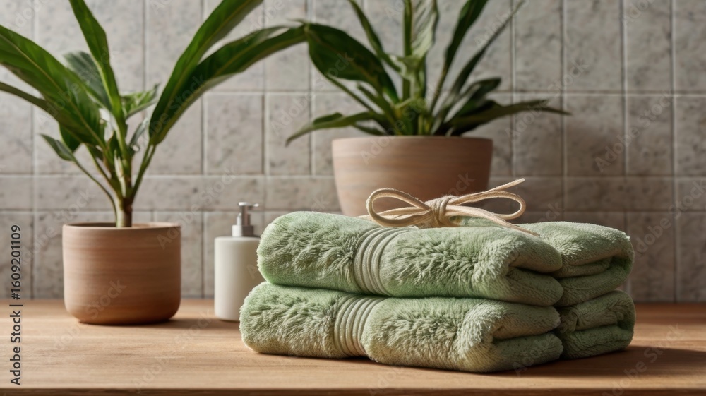 Fototapeta premium Still life of stacked green towels with a bow, plants, and soap dispenser on a wooden surface