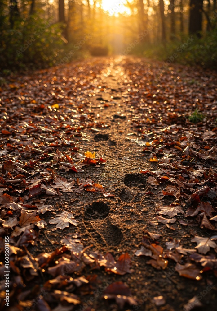Obraz premium Footprints on a leaf-covered path in a forest at sunset.