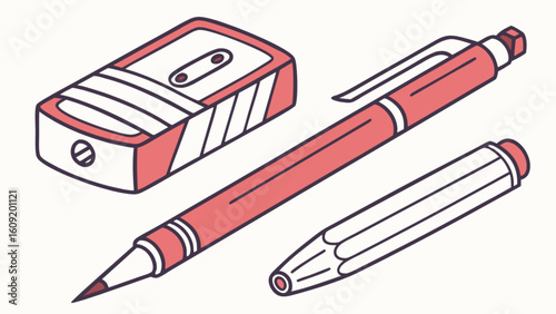 Illustration of a pencil sharpener a pen and a pencil with red accents on a white background