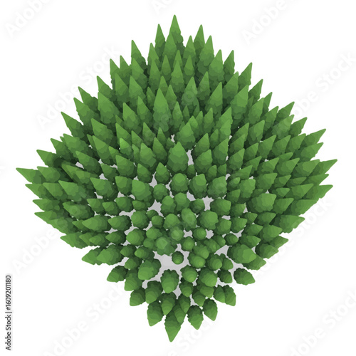 Top-down view of a cluster of stylized green trees forming a square shape against a white background.