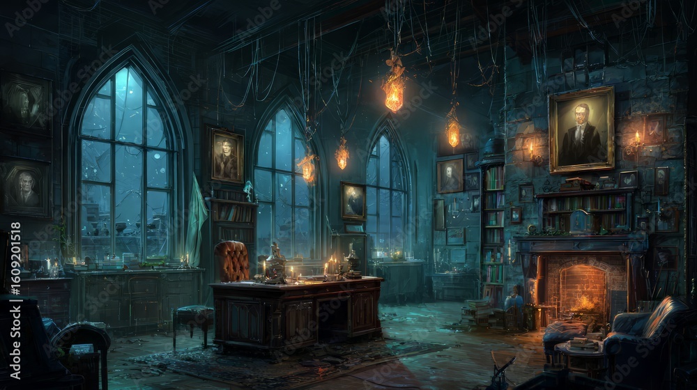 Obraz premium Dark And Mysterious Gothic Study Room Interior