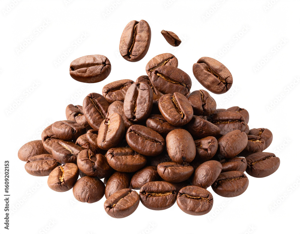 Naklejka premium Pile of roasted coffee beans scattered,isolated on white PNG