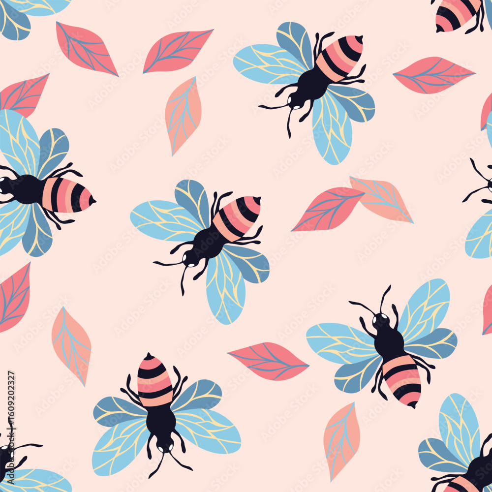 Fototapeta premium Seamless pattern with bees. Small wasp. Vector illustration. Design for invitation, cards, textile, fabric. Doodle style.