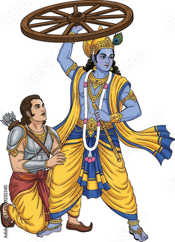 A vector illustrating a moment from the Mahabharata war in which Lord Krishna is going to assault Bhishma with the wheel of a broken chariot, while Arjuna kneels and holds Lord Krishna's leg to calm h