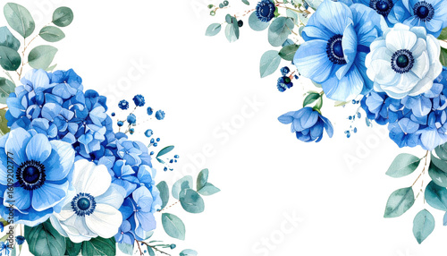 Floral Corner Border Blue, navy, teal Watercolor Flowers Hydrangeas, anemones, eucaly  png