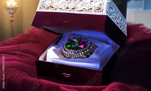 Illuminating decorative jewelry box with intricate design on a velvet surface in warm ambient light