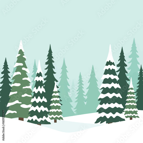 A serene winter landscape featuring snow-covered evergreen trees in a snowy setting.