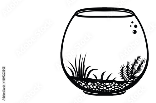 Simple Fish Bowl Illustration with Underwater Plants	