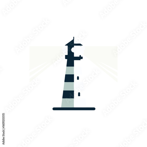 A tall lighthouse stands against a clear sky, casting light over calm waters at dusk